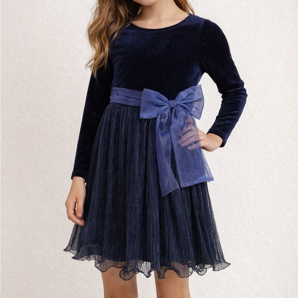 Bonnie Jean Girls Navy Velvet Glitter Tulle Dress w/ Bow Holiday Christmas 6